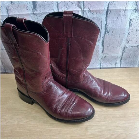 Vintage Old West Men's Western Burgundy Leather Roper Cowboy Boots Size 8.5D - Picture 4 of 13
